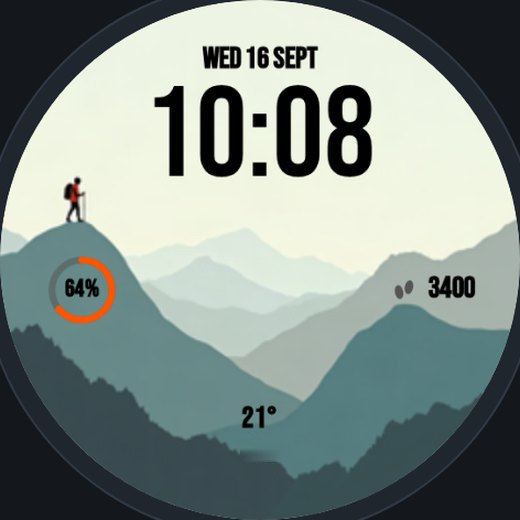 A forged face: layers of mountains with a hiker on top, the date, steps, battery and temperature placed on it